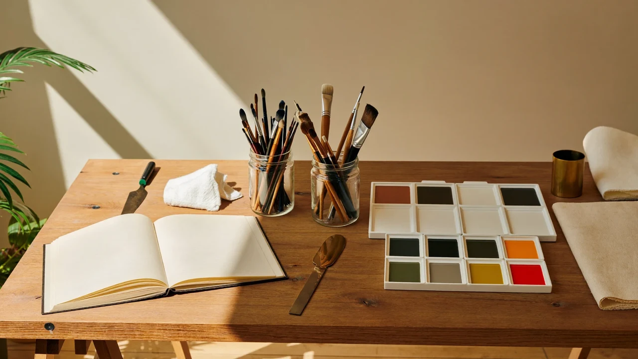 Heller Atelier-Arbeitstisch mit Skizzenbüchern, Pinselglas und Farbnäpfchen im weichen Fensterlicht