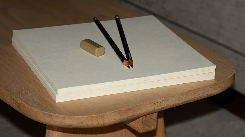 Cremefarbenes Skizzenpapier mit gespitzten Graphitstiften und Knetradierer auf Eichentisch