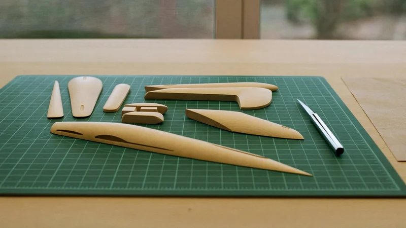Balsaholz-Bausatzteile auf grüner Schneidunterlage mit Bastelmesser und Schleifpapier