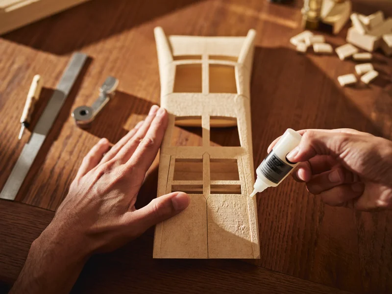 Hände leimen vorsichtig ein filigranes Balsaholz-Modellgerüst am aufgeräumten Arbeitsplatz